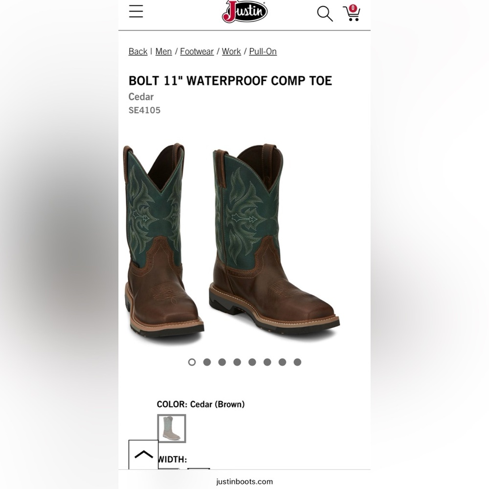 Justin Boots Bolt 11" Waterproof Comp Toe Men’s Cedar Brown/Green Pull-On Boots